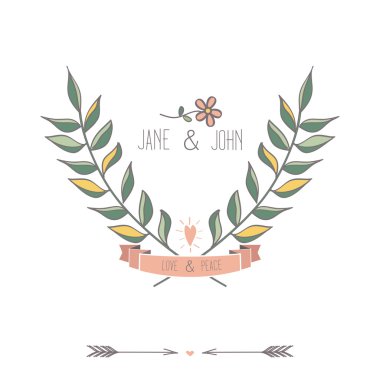 çiçek retro düğün davetiyesi veya yaprak, oklar, flowe rs ve kalpleri ile doğum günü kartı