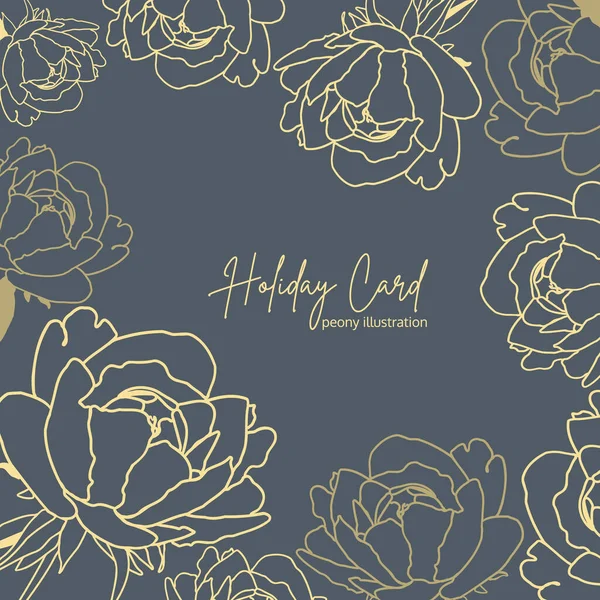 Trendy Gold Holiday Floral Card Line Art Peonies Dark Blue — Stock Vector