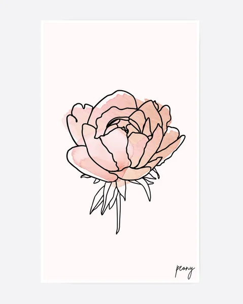 Trendy Pink Holiday Watercolor Floral Card Line Art Peony — Stock Vector