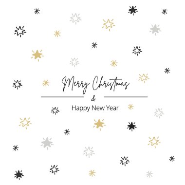 Karalanmış altın, gümüş kar taneleri ve yıldızlı Noel kartı.