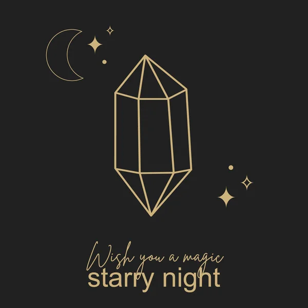 Trendy Gold Mystische Esoterische Edelsteinkarte Mit Mond Und Sternen — Stockvektor