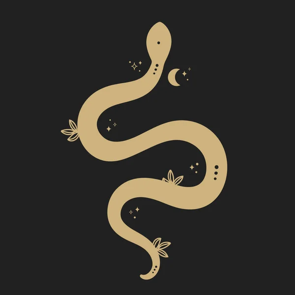 Vector Vintage Místico Serpiente Oro Con Luna Estrellas Hojas Sobre — Archivo Imágenes Vectoriales