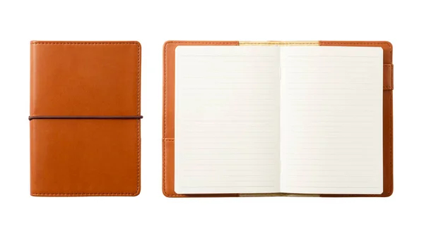 Leather Notebook Placed White Background Notebook Closed Open View Directly — Stock Photo, Image