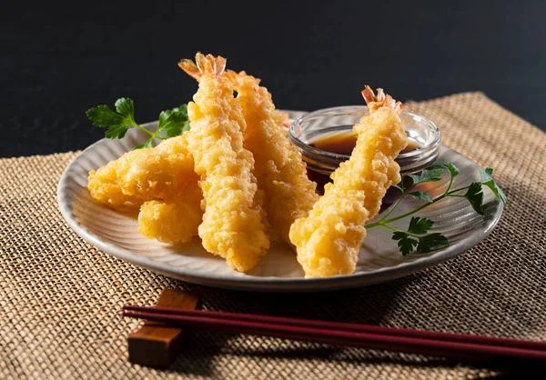 Shrimp Tempura Plate Placed Black Background Tempura Japanese Food Japanese — Stock Photo, Image