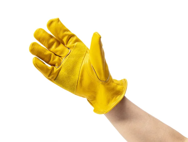 Male Hand Wearing Yellow Leather Glove White Background Sign Hand — Fotografia de Stock