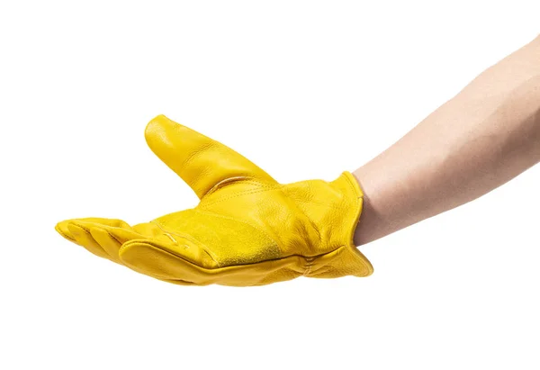 Male Hand Wearing Yellow Leather Glove White Background Sign Hand —  Fotos de Stock