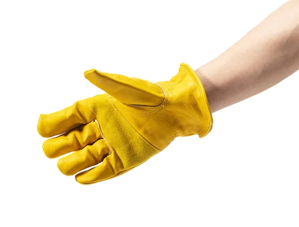 Male Hand Wearing Yellow Leather Glove White Background Sign Hand —  Fotos de Stock