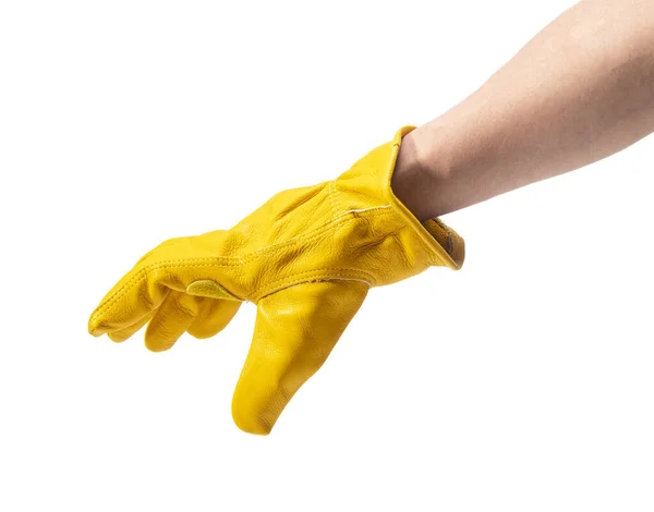 Mężczyzna Żółtej Skórzanej Rękawicy Białym Tle Podpisz Ręką — Zdjęcie stockowe