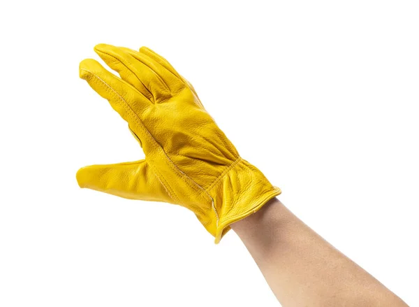 Mężczyzna Żółtej Skórzanej Rękawicy Białym Tle Podpisz Ręką — Zdjęcie stockowe