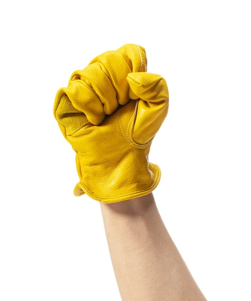 Мужская Рука Желтой Кожаной Перчатке Белом Фоне Знак Руки — стоковое фото
