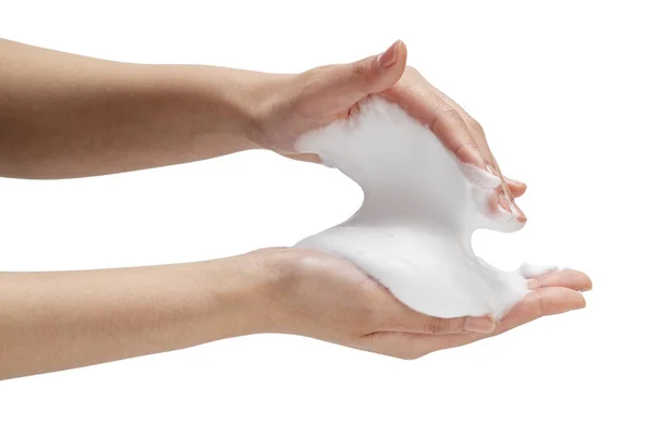 白色背景上有肥皂泡的雌性手 有白色气泡的手女性手上白色肥皂泡的结构 — 图库照片
