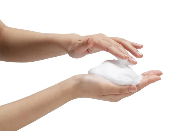 白色背景上有肥皂泡的雌性手 有白色气泡的手女性手上白色肥皂泡的结构 — 图库照片