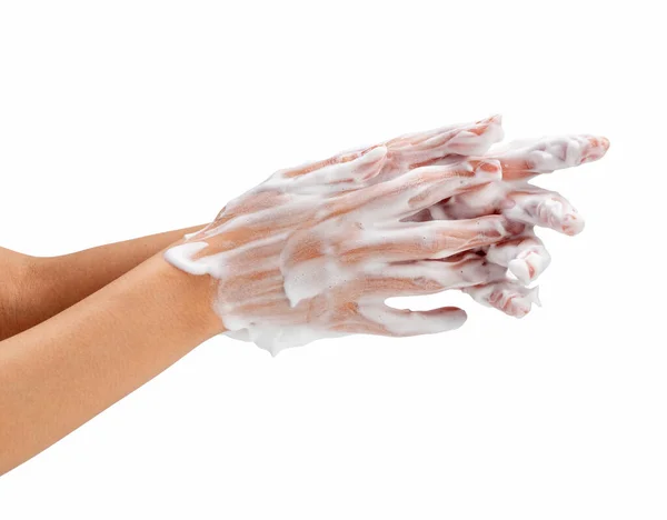 Female Hand Washing Hands Soap Lather White Background Hands White — Foto de Stock