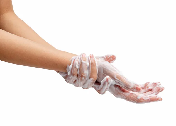 Female Hand Washing Hands Soap Lather White Background Hands White — ストック写真