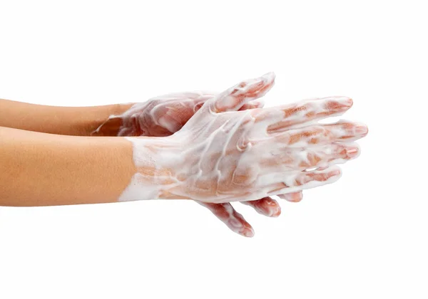 Female Hand Washing Hands Soap Lather White Background Hands White — Zdjęcie stockowe