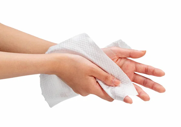 Woman Wiping Her Hands Napkin White Background Beauty Hygiene Concept — Fotografia de Stock