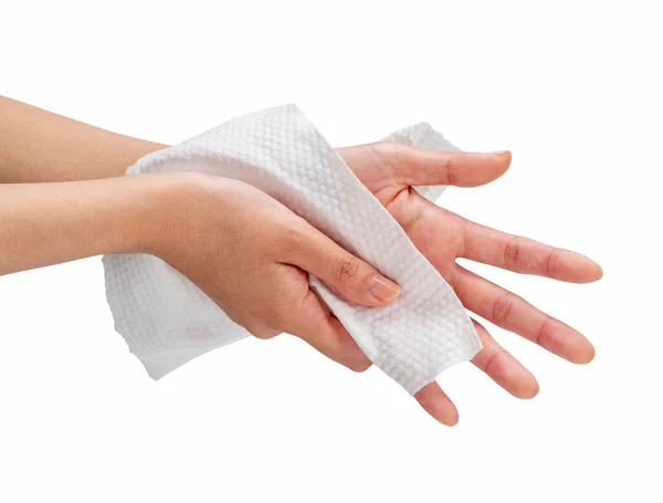Woman Wiping Her Hands Napkin White Background Beauty Hygiene Concept — Zdjęcie stockowe