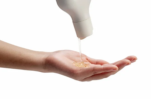 Liquid Soap Poured Woman Hands White Background Beauty Hygiene Concept — Stockfoto