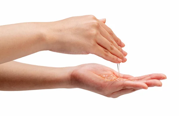女人的手 白色背景上有液体肥皂 美丽与卫生的概念 — 图库照片