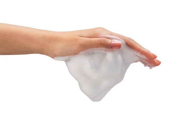 Female Hand Soap Bubbles White Background Hands White Bubbles Texture — Foto de Stock