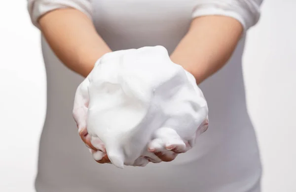 Female Holding Soap Bubbles White Background Hands White Bubbles Texture — Stockfoto