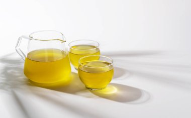 Cold Japanese green tea set against a white background. 