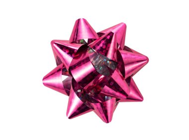 Pink decorative ribbon placed on a white background. Viewed from directly above.