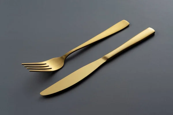Gold Knives Forks Set Black Background Beautiful Gold Cutlery — Stock Fotó