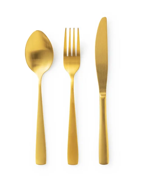 Gold Knives Forks Spoons Placed White Background Beautiful Gold Cutlery — Stock Fotó