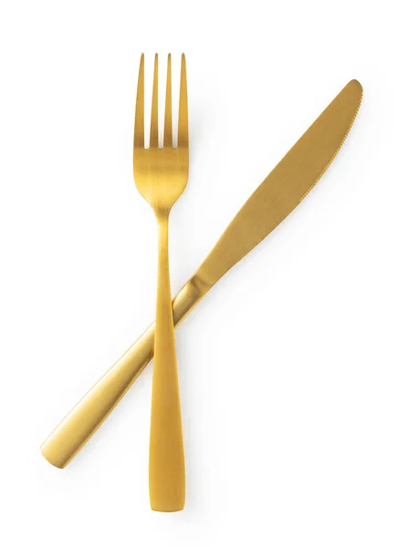 Golden Knives Forks Set White Background Gold Cutlery Beautiful Gold — Stockfoto