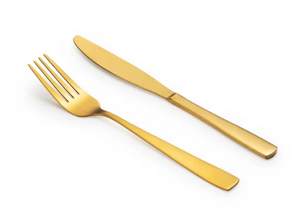 Gold Knives Forks Placed White Background Beautiful Gold Cutlery — Stock Fotó