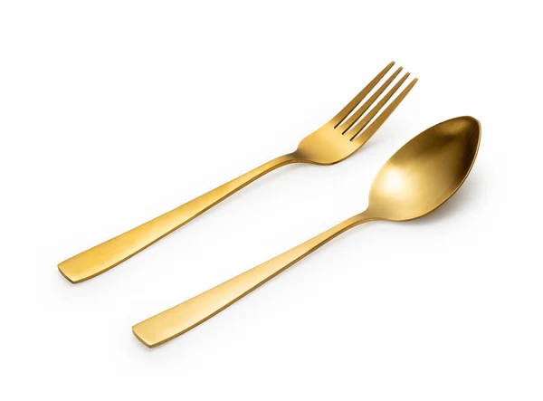 Gold Spoons Forks Placed White Background Beautiful Gold Cutlery — Stock Photo, Image