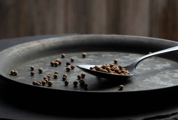 Spoon Cilantro Placed Black Iron Plate Image Spices Close — Stok fotoğraf