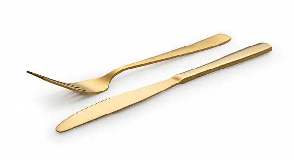 Gold Knives Forks Placed White Background Beautiful Gold Cutlery — Stock Fotó