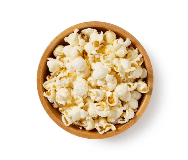 Popcorn Dřevěné Míse Umístěné Bílém Pozadí Pohled Shora — Stock fotografie