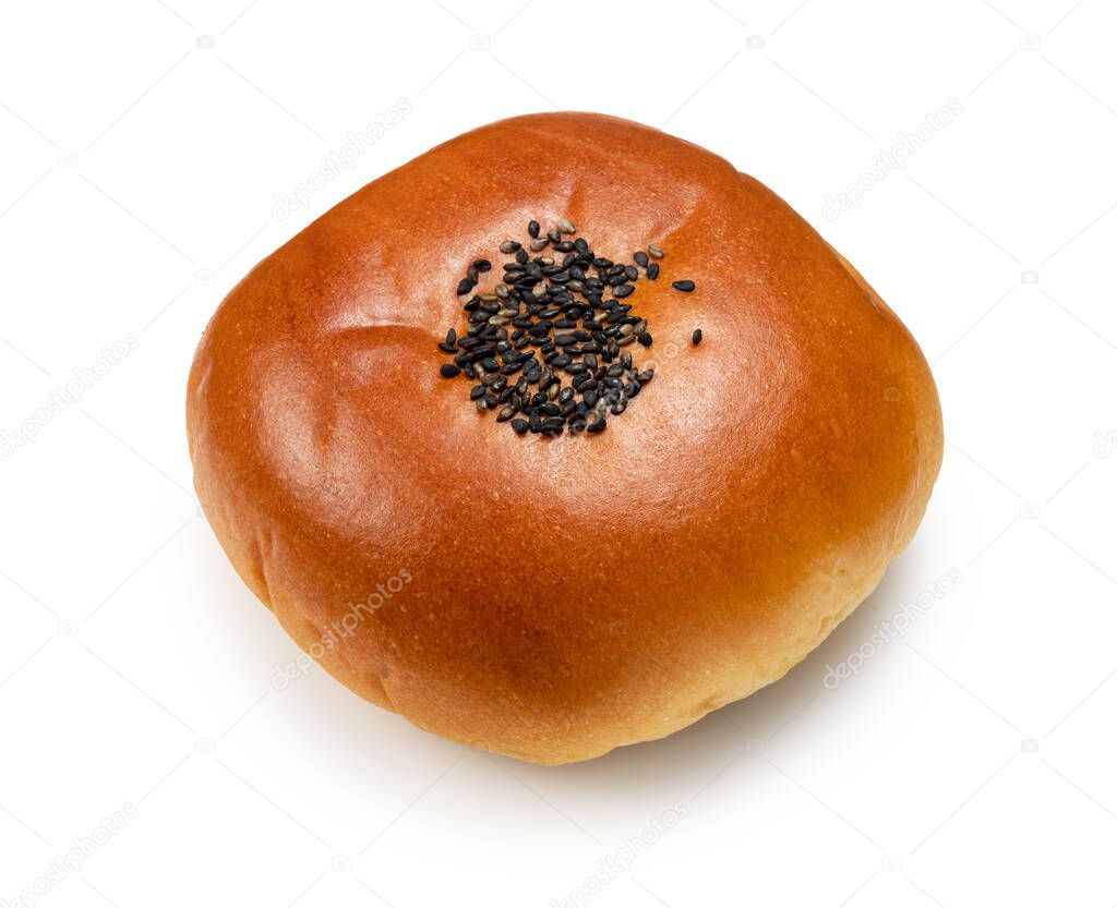Anpan placed against a white background. Anpan is a Japanese sweet bread.