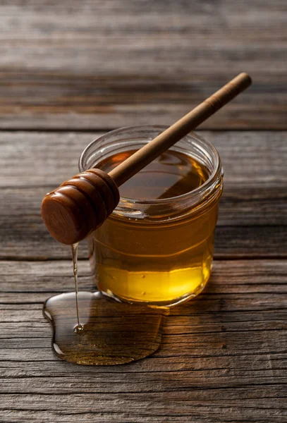 Honey Wooden Honey Dipper Glass Container Old Wooden Background Honey — Stock Photo, Image