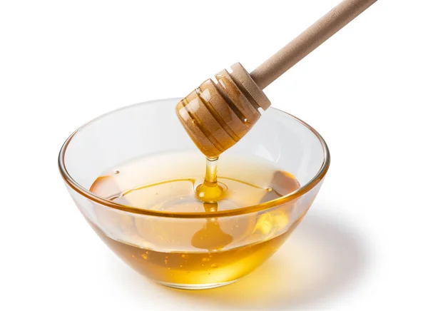 Honey Honey Dippers Glass Bowl White Background Honey Drips Honey — Stock Photo, Image