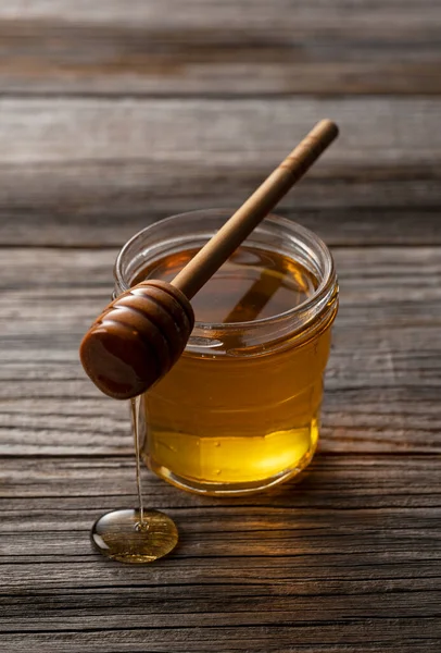 Honey Wooden Honey Dipper Glass Container Old Wooden Background Honey — Stock Photo, Image