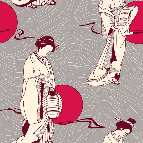 Vector of traditional Japanese Geisha seamless pattern — Stock Vector