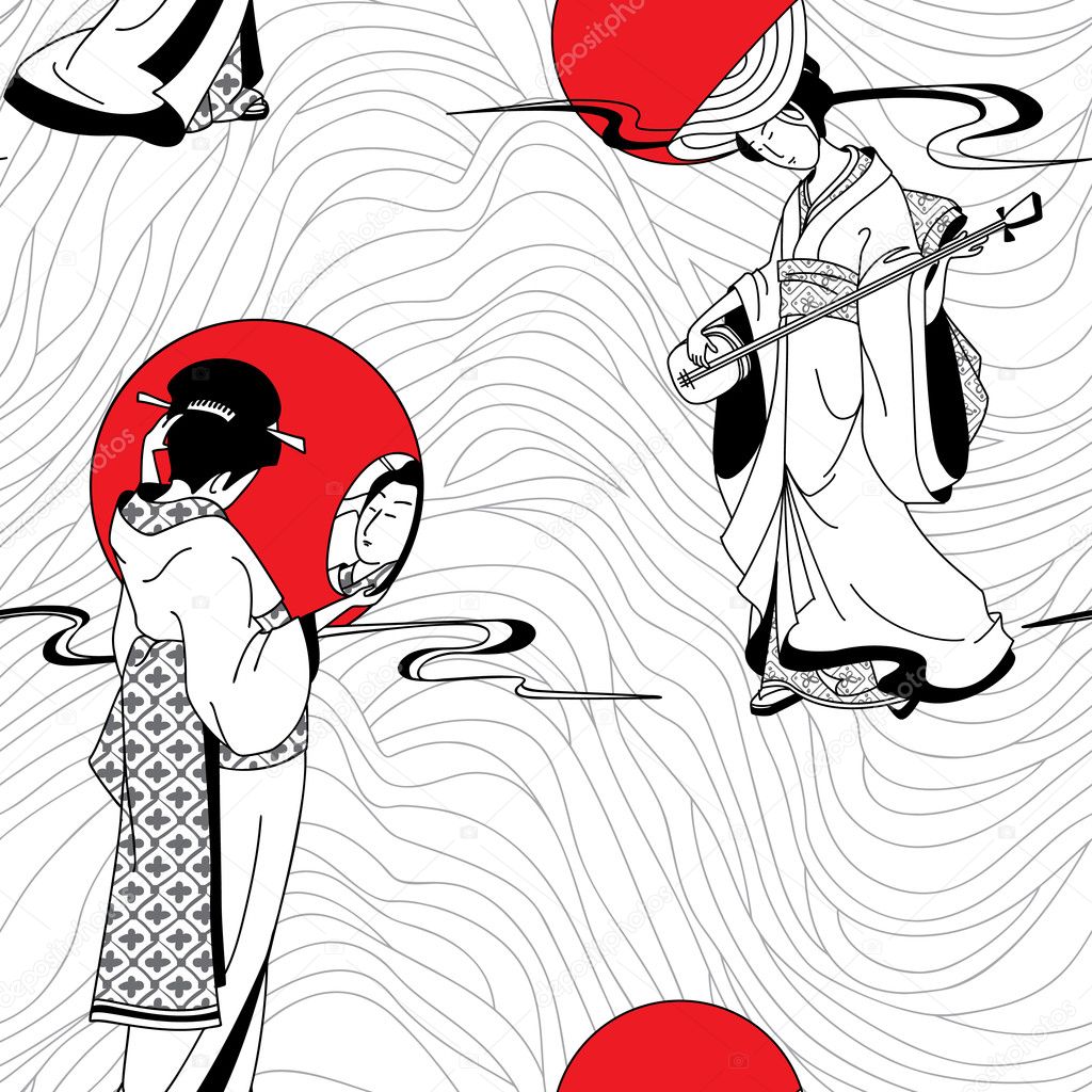 Vector of traditional Japanese Geisha seamless pattern