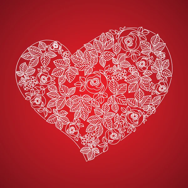 Corazón de San Valentín rojo en estilo floral aislado sobre fondo — Vector de stock