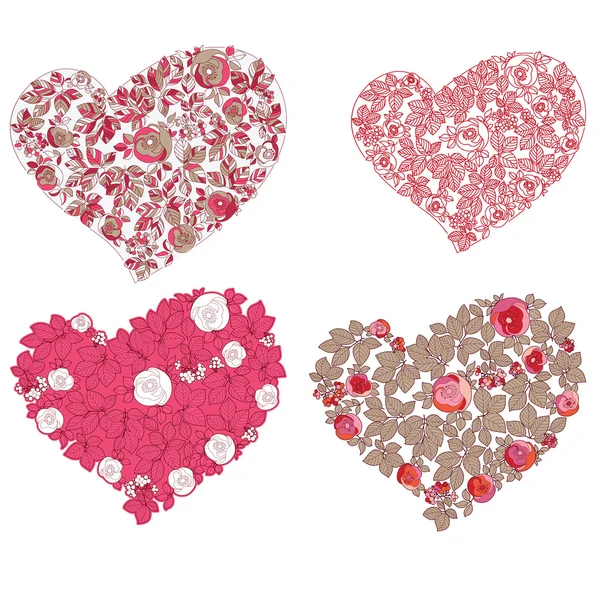 Set of hearts. Red valentine hearts in floral style isolated on White background — Stock Vector