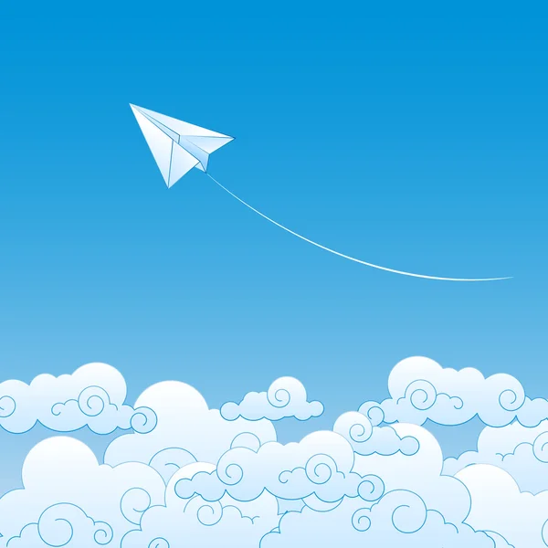 Paper plane against sky with clouds — Stock Vector