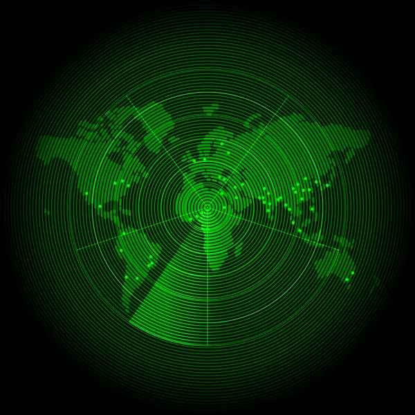 Mapa del mundo verde con una pantalla de radar — Vector de stock