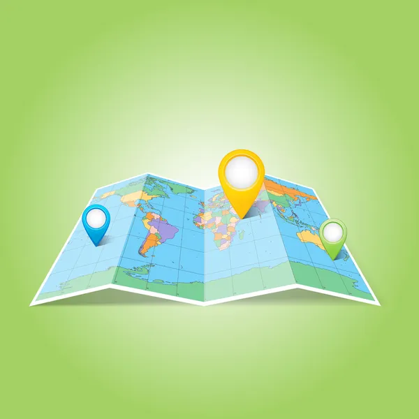 世界地图与地图的针脚指针图标. — 图库矢量图片