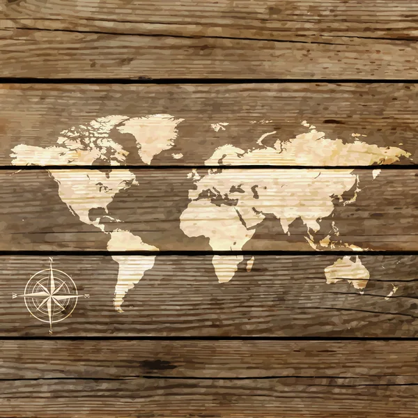 Mapa do mundo em um vetor de placa de madeira — Vetor de Stock