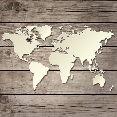 Kağıt dünya haritası üzerinde ahşap tahta vektör