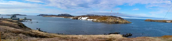 Aerial Panoramic View Small Town Rocky Atlantic Ocean Coast Cloudy — Stock Photo, Image