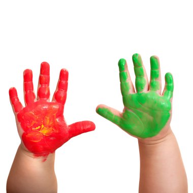 renkli boya bebekler ellerini daldırma.